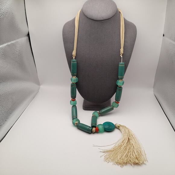 Vintage Chico's Boho 38 Inch Leather Glass Beads Long Tassel Necklace - Picture 2 of 12